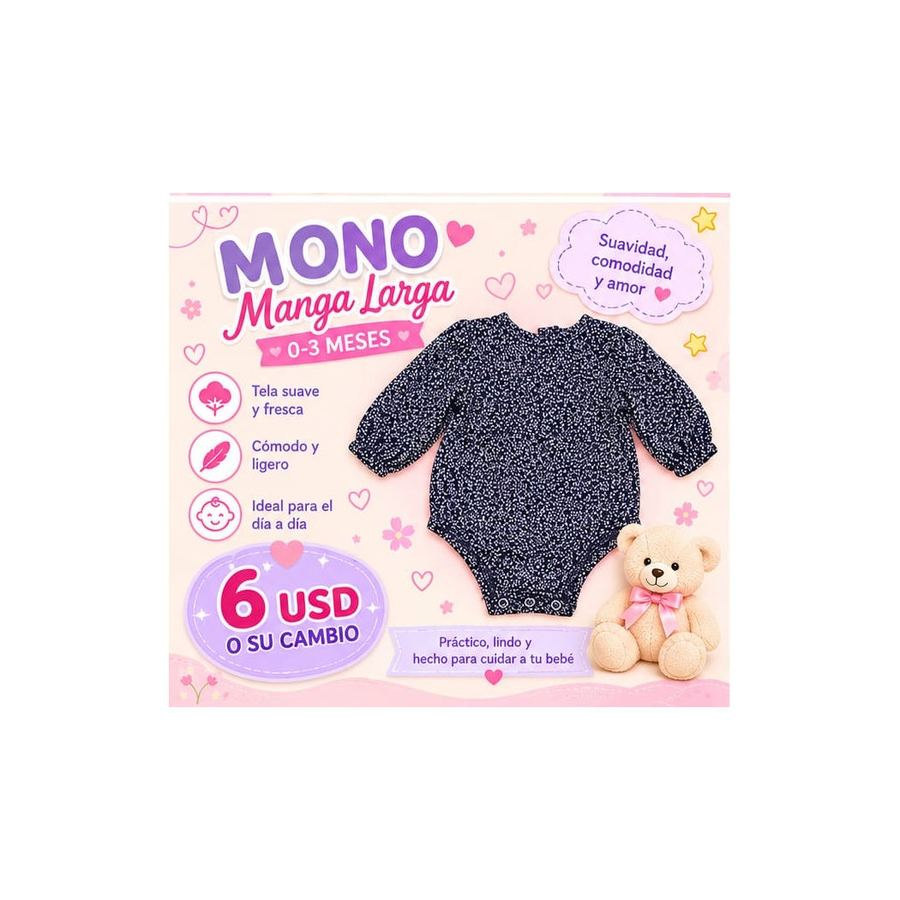 Mono manga larga, 0 a 3 meses