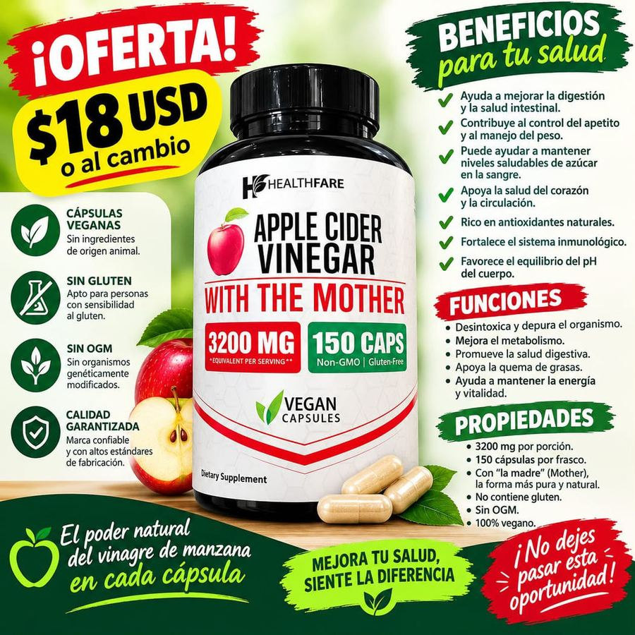 VINAGRE DE MANZANA — 150 cápsulas / 3200 mg