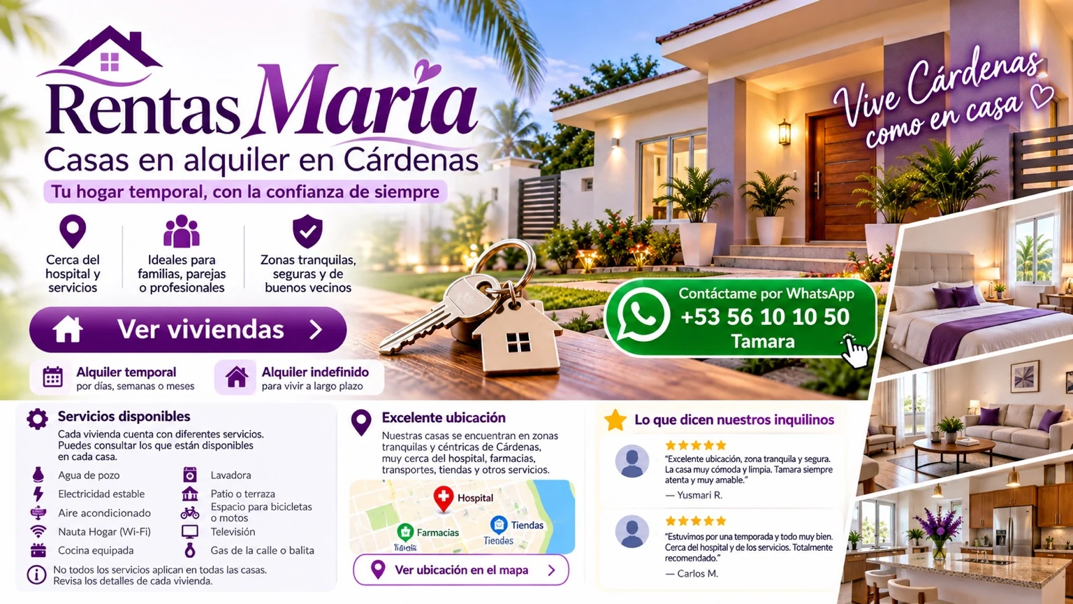 Rentas María — Casas en alquiler en Cárdenas. Atención Tamara, WhatsApp +53 56 10 10 50. Imagen de presentación general; los servicios varían según la vivienda.