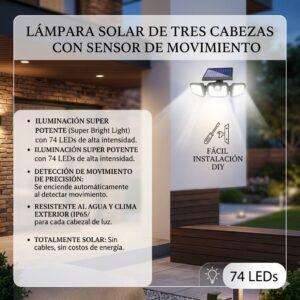 LÁMPARA SOLAR DE TRES CABEZAS CON SENSOR DE MOVIMIENTO