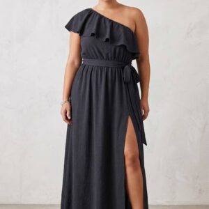 VESTIDO MAXI ASIMETRICO CON VOLANTE