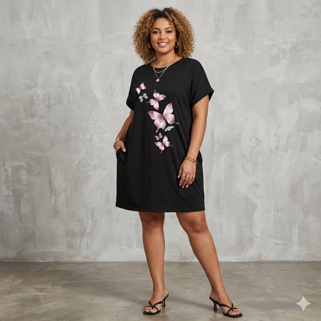 Vestido Negro con Mariposas Rosadas